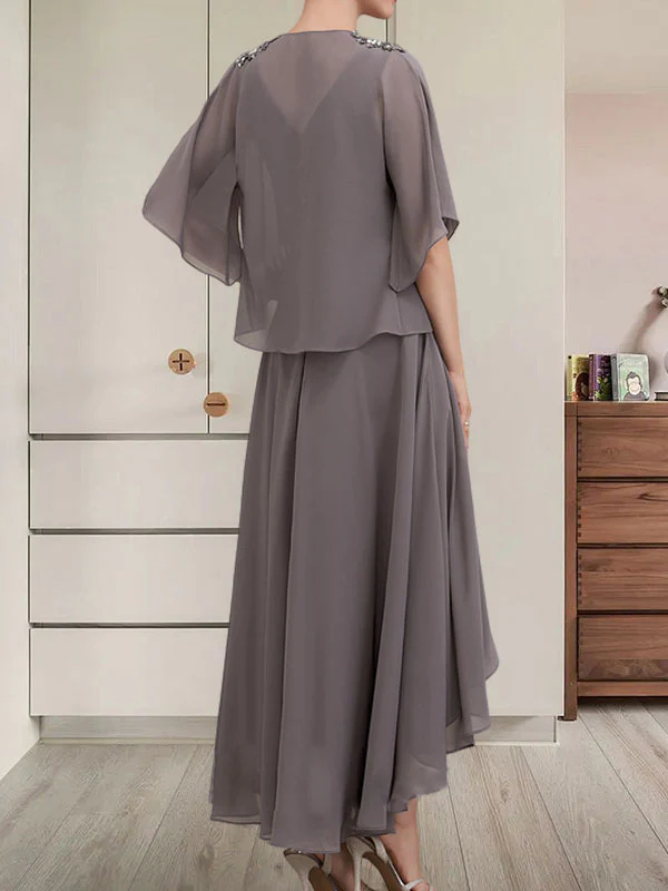 A-line V-Neck Asymmetrical Chiffon Mother of the Bride Dress With Beading Sequins - Image 5