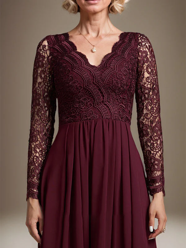 A-line V-Neck Asymmetrical Lace Chiffon Mother of the Bride Dress - Image 7