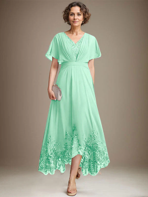 A-line V-Neck Asymmetrical Lace Chiffon Mother of the Bride Dress With Pleated - Image 26