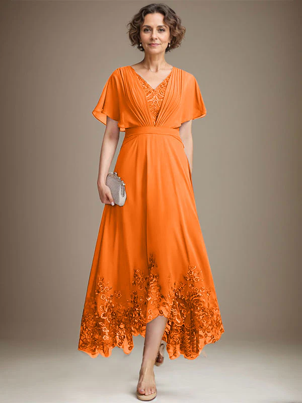A-line V-Neck Asymmetrical Lace Chiffon Mother of the Bride Dress With Pleated - Image 29