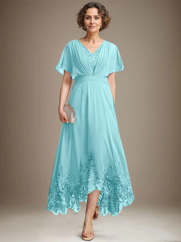 A-line V-Neck Asymmetrical Lace Chiffon Mother of the Bride Dress With Pleated - Image 7