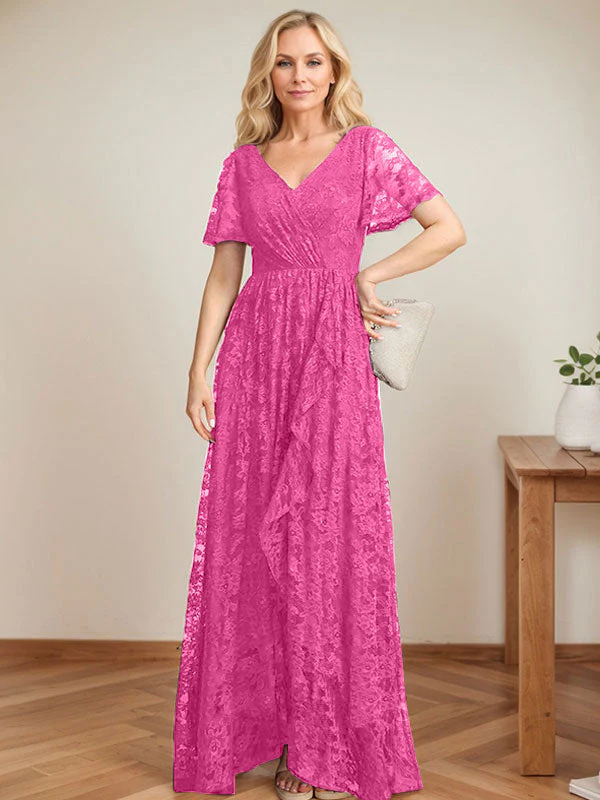 A-Line V-Neck Asymmetrical Lace Mother of the Bride Dress With Cascading Ruffles - Image 17