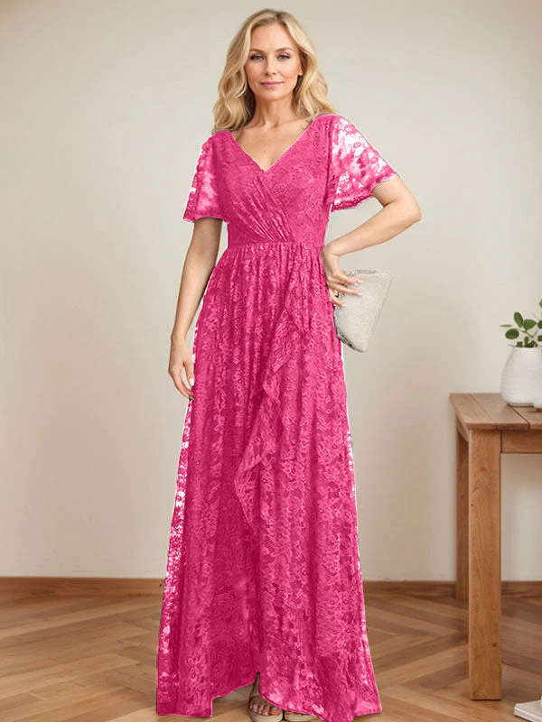 A-Line V-Neck Asymmetrical Lace Mother of the Bride Dress With Cascading Ruffles - Image 21