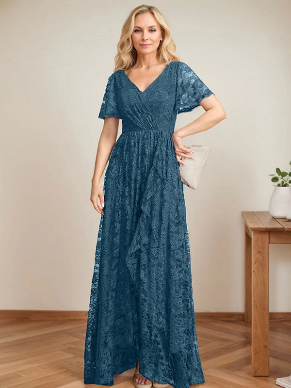 A-Line V-Neck Asymmetrical Lace Mother of the Bride Dress With Cascading Ruffles - Image 40