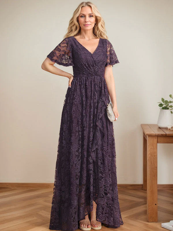 A-Line V-Neck Asymmetrical Lace Mother of the Bride Dress With Cascading Ruffles - Image 5