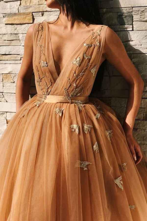 A-Line V-Neck Backless Gold Tulle Homecoming Dress with Appliques PD227 - Image 3