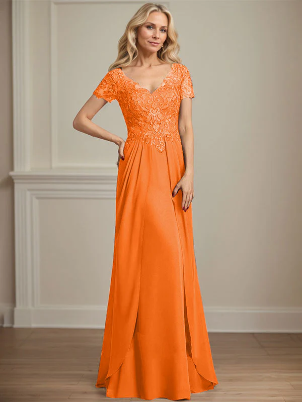A-line V-Neck Floor-Length Chiffon Lace Mother of the Bride Dress - Image 34