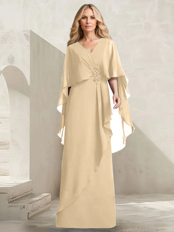 A-line V-Neck Floor-Length Chiffon Mother of the Bride Dress With Cascading Ruffles Beading - Image 12