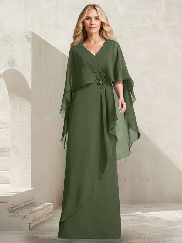 A-line V-Neck Floor-Length Chiffon Mother of the Bride Dress With Cascading Ruffles Beading - Image 28