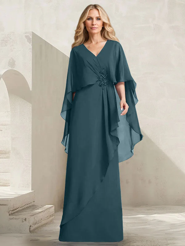 A-line V-Neck Floor-Length Chiffon Mother of the Bride Dress With Cascading Ruffles Beading - Image 30
