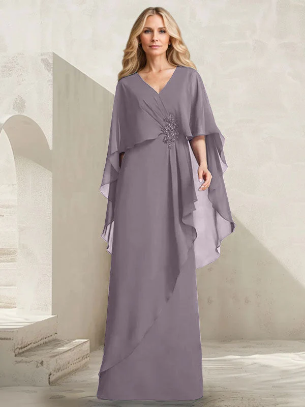 A-line V-Neck Floor-Length Chiffon Mother of the Bride Dress With Cascading Ruffles Beading - Image 42