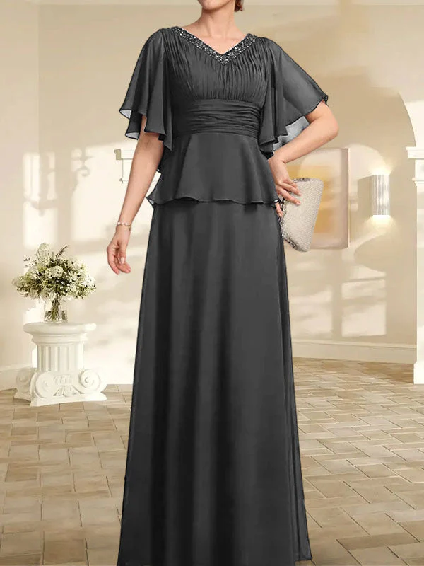 A-line V-Neck Floor-Length Chiffon Mother of the Bride Dress With Pleated Beading - Image 10
