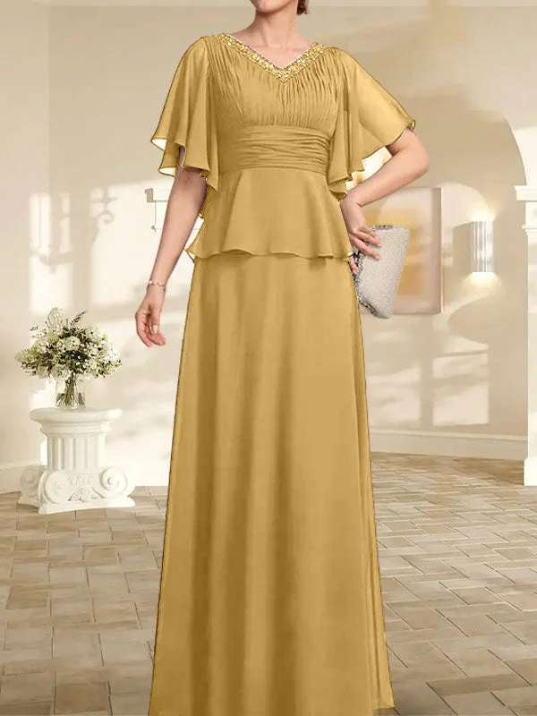 A-line V-Neck Floor-Length Chiffon Mother of the Bride Dress With Pleated Beading - Image 19