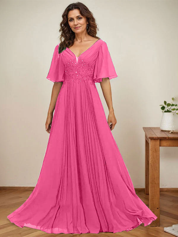 A-line V-Neck Floor-Length Chiffon Mother of the Bride Dress With Sequins Appliques Lace Pleated - Image 21