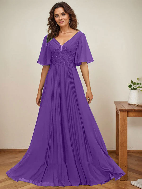 A-line V-Neck Floor-Length Chiffon Mother of the Bride Dress With Sequins Appliques Lace Pleated - Image 34