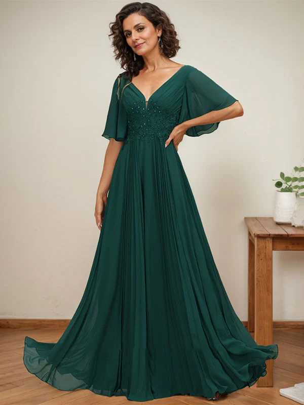 A-line V-Neck Floor-Length Chiffon Mother of the Bride Dress With Sequins Appliques Lace Pleated - Image 5