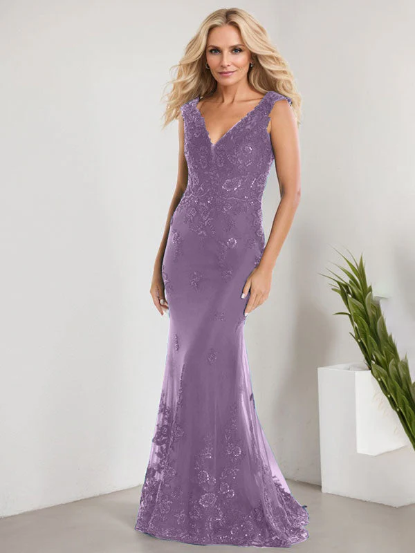A-line V-Neck Floor-Length Lace Chiffon Mother of the Bride Dress With Applique Sequins Mermaid Dresses - Image 25