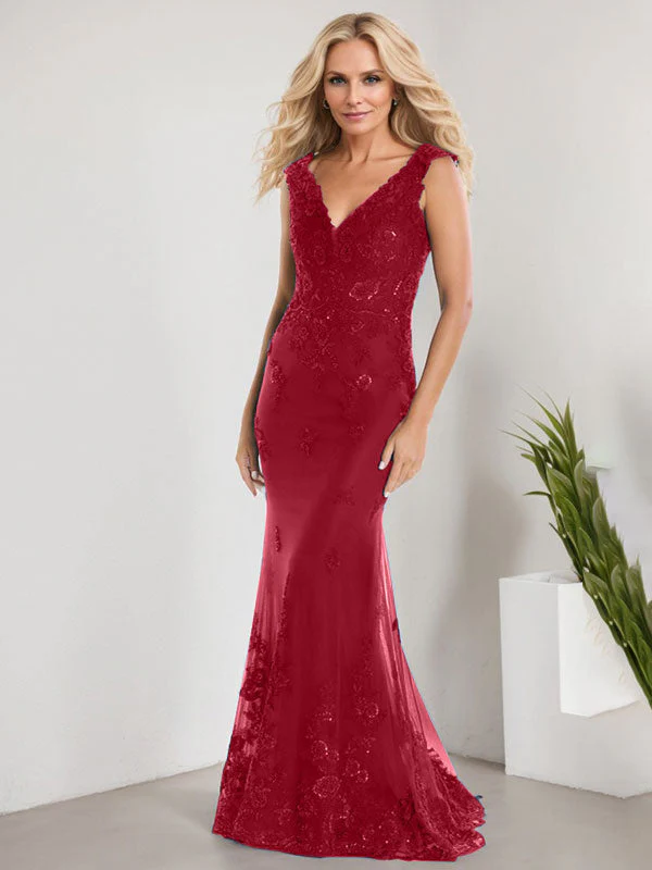 A-line V-Neck Floor-Length Lace Chiffon Mother of the Bride Dress With Applique Sequins Mermaid Dresses - Image 38