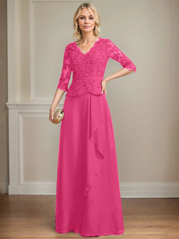 A-line V-Neck Floor-Length Lace Chiffon Mother of the Bride Dress With Cascading Ruffles Sequins - Image 20