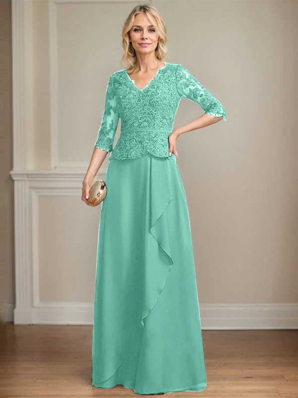 A-line V-Neck Floor-Length Lace Chiffon Mother of the Bride Dress With Cascading Ruffles Sequins - Image 22