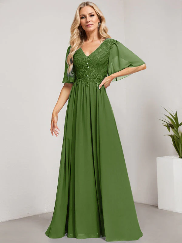 A-line V-Neck Floor-Length Lace Chiffon Mother of the Bride Dress With Sequins - Image 29
