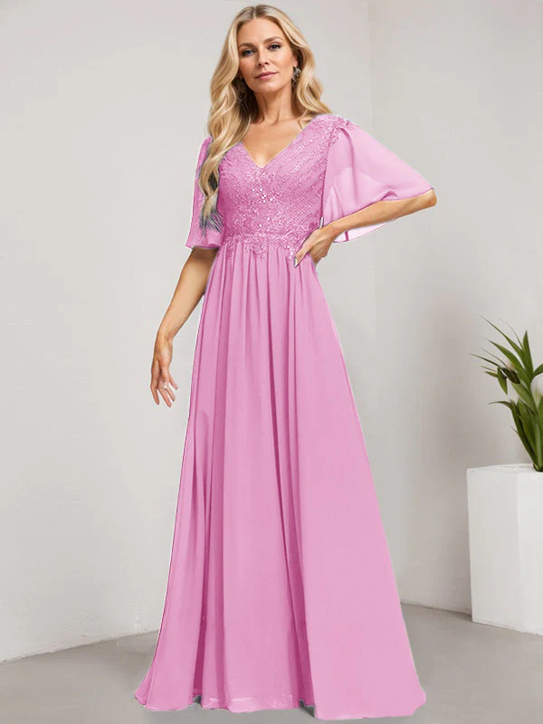 A-line V-Neck Floor-Length Lace Chiffon Mother of the Bride Dress With Sequins - Image 32