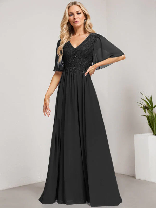 A-line V-Neck Floor-Length Lace Chiffon Mother of the Bride Dress With Sequins - Image 9