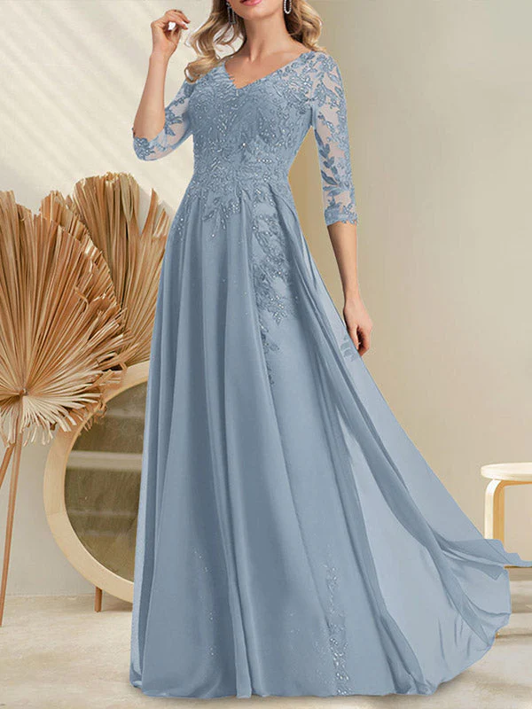 A-line V-Neck Floor-Length Lace Chiffon Mother of the Bride Dress With Sequins - Image 13