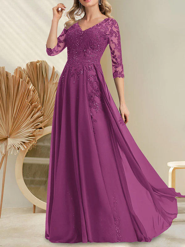 A-line V-Neck Floor-Length Lace Chiffon Mother of the Bride Dress With Sequins - Image 16