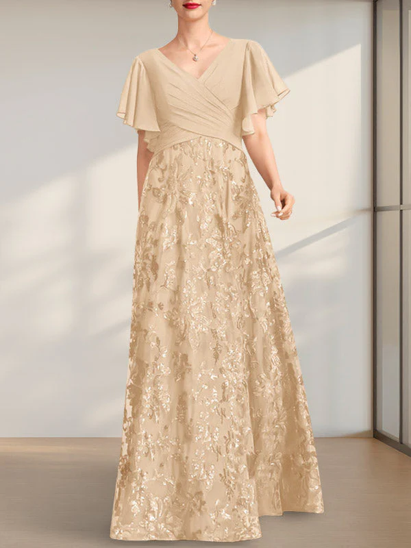 A-line V-Neck Floor-Length Lace Sequin Chiffon Mother of the Bride Dress With Pleated - Image 13