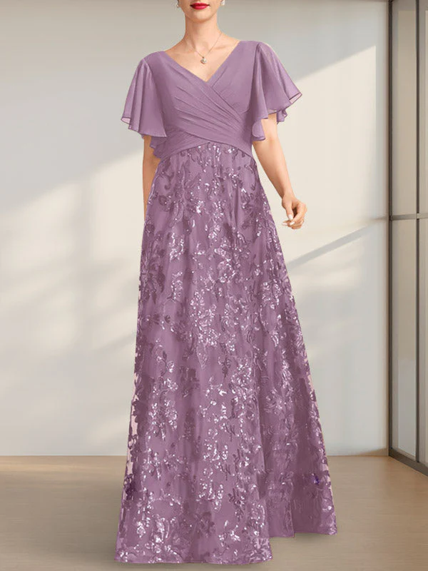 A-line V-Neck Floor-Length Lace Sequin Chiffon Mother of the Bride Dress With Pleated - Image 19