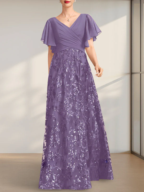 A-line V-Neck Floor-Length Lace Sequin Chiffon Mother of the Bride Dress With Pleated - Image 20