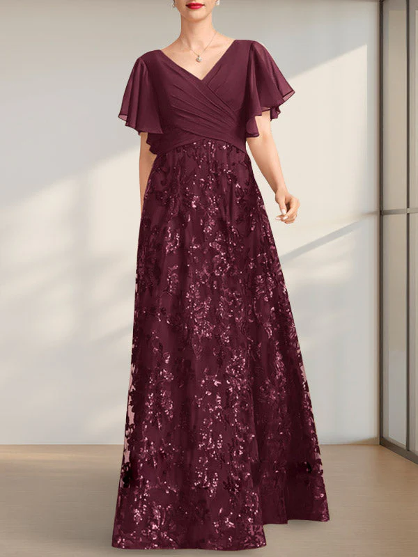 A-line V-Neck Floor-Length Lace Sequin Chiffon Mother of the Bride Dress With Pleated - Image 23