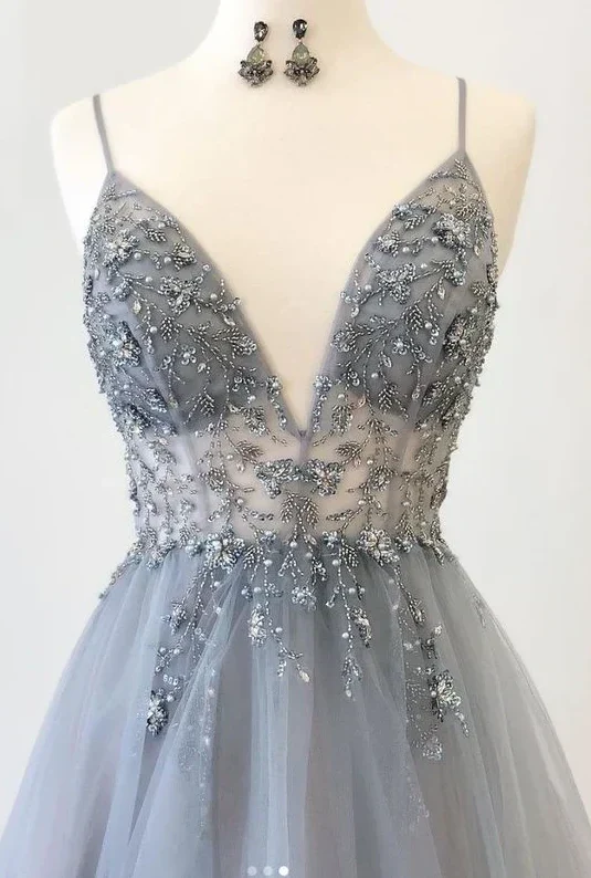 A Line V Neck Grey Beaded Long Prom Dress with Split Formal Dresses - Image 2