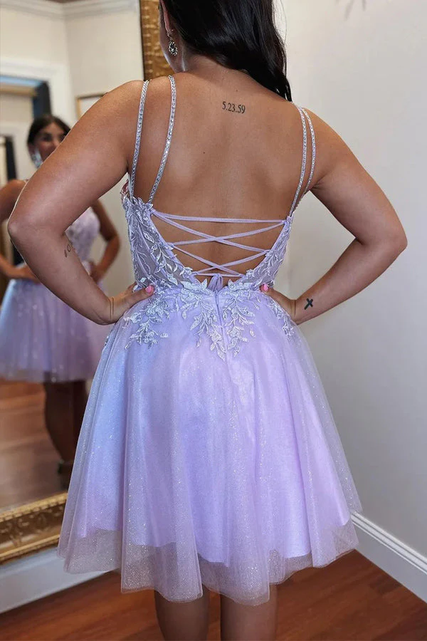 A-line Appliques Lace-Up Tulle Lavender Homecoming Dress PD508 - Image 3