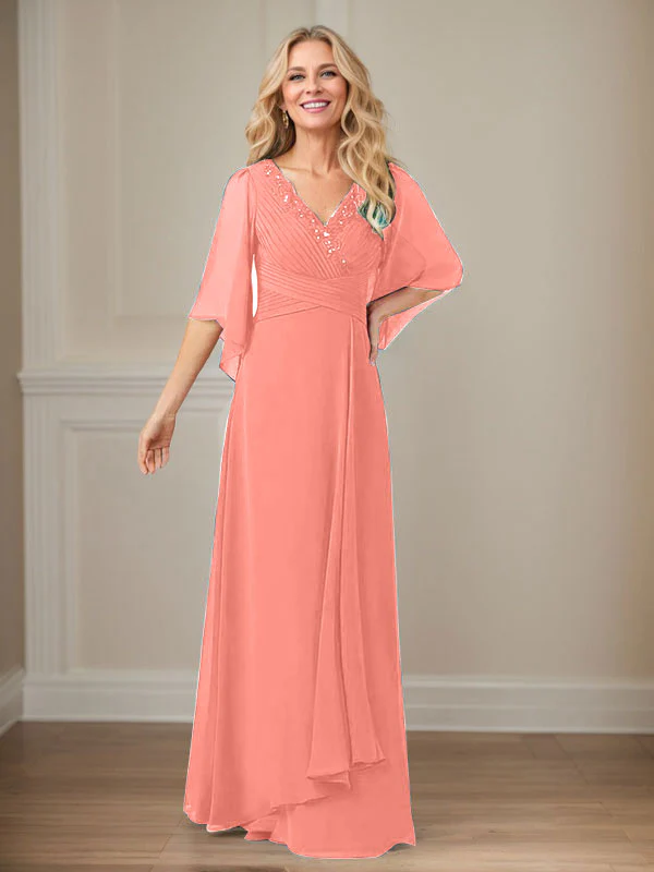 A-Line V-Neck Long Sequins Chiffon Mother Dress - Image 13