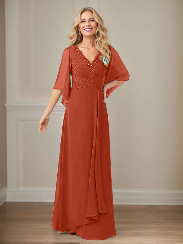 A-Line V-Neck Long Sequins Chiffon Mother Dress - Image 38