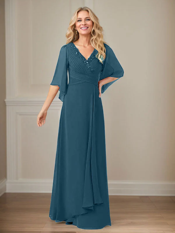 A-Line V-Neck Long Sequins Chiffon Mother Dress - Image 40