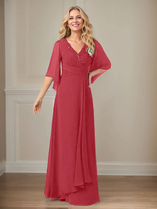 A-Line V-Neck Long Sequins Chiffon Mother Dress - Image 42