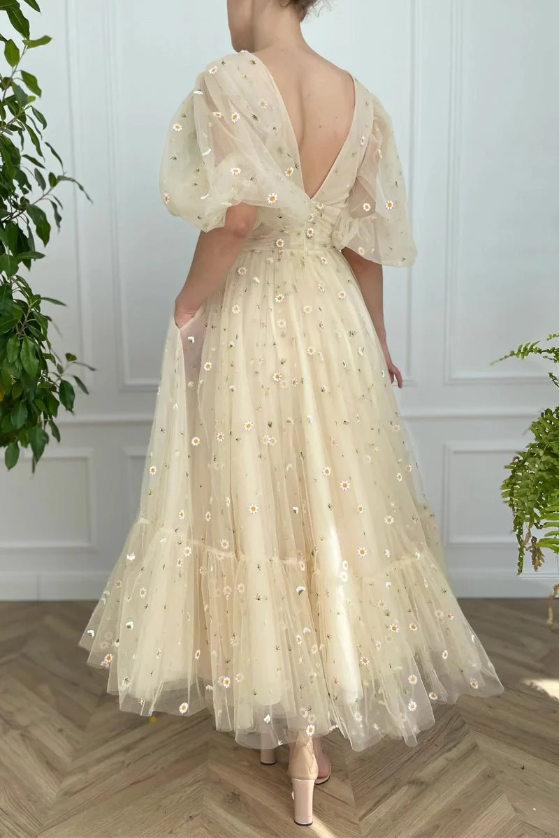 A-line V Neck Sea of Daisies Dress Engagement Ankle Length Half Sleeve High Neck Tulle with Buttons Pleats - Image 6