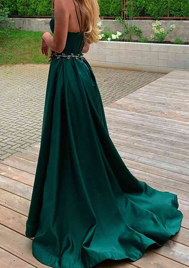 A-line V Neck Sleeveless Satin Sweep Train Prom Dress With Pockets Waistband Split - Image 2