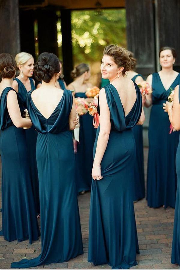 A-Line V-Neck Sweep Train Backless Navy Blue Bridesmaid Dress - Image 2