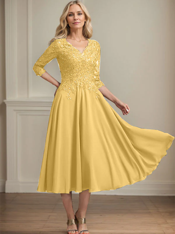 A-line V-Neck Tea-Length Chiffon Lace Mother of the Bride Dress With Beading Sequins - Image 18