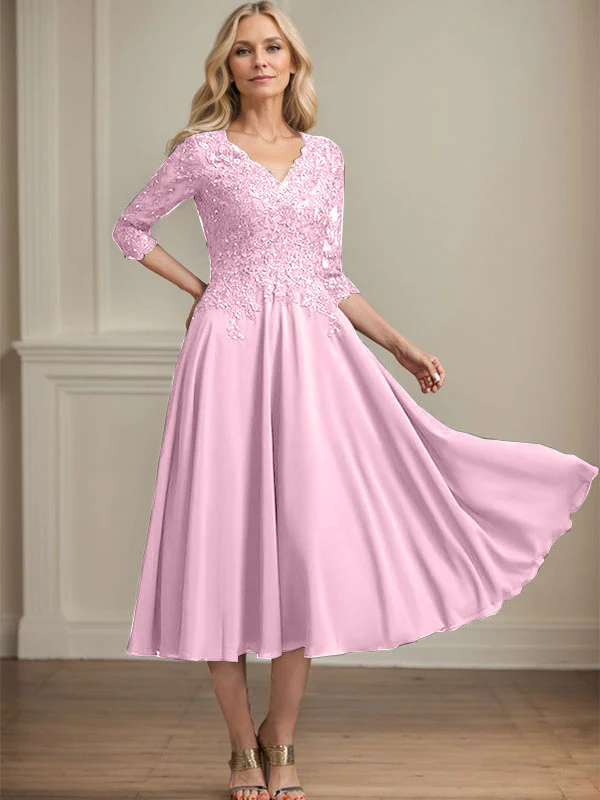 A-line V-Neck Tea-Length Chiffon Lace Mother of the Bride Dress With Beading Sequins - Image 25