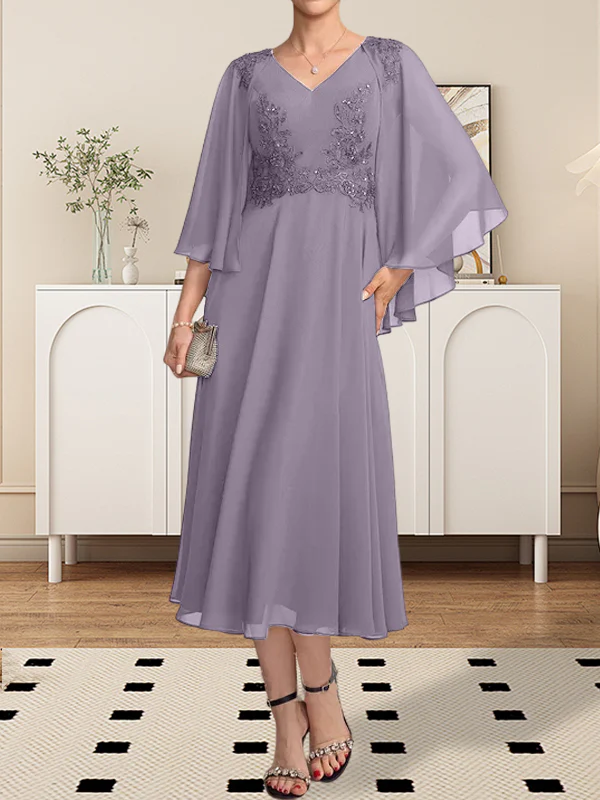 A-line V-Neck Tea-Length Chiffon Lace Mother of the Bride Dress With Beading Sequins - Image 10
