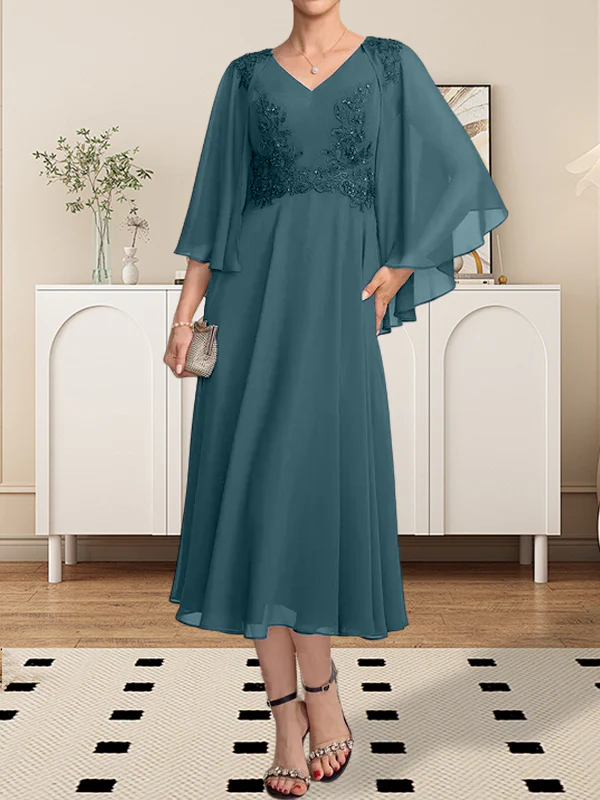 A-line V-Neck Tea-Length Chiffon Lace Mother of the Bride Dress With Beading Sequins - Image 22