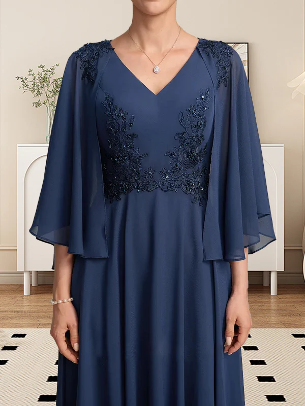 A-line V-Neck Tea-Length Chiffon Lace Mother of the Bride Dress With Beading Sequins - Image 8