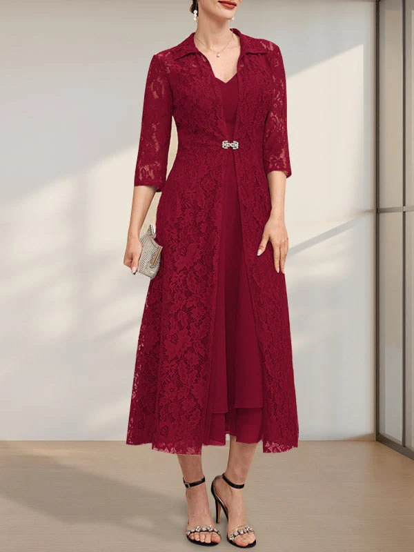 A-line V-Neck Tea-Length Chiffon Mother of the Bride Dress - Image 6