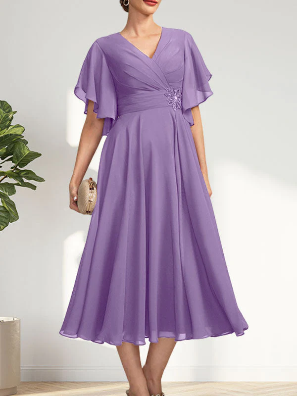 A-line V-Neck Tea-Length Chiffon Mother of the Bride Dress With Pleated Beading - Image 24
