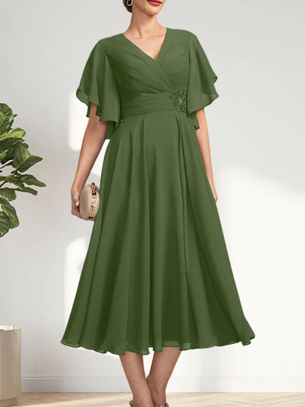 A-line V-Neck Tea-Length Chiffon Mother of the Bride Dress With Pleated Beading - Image 29